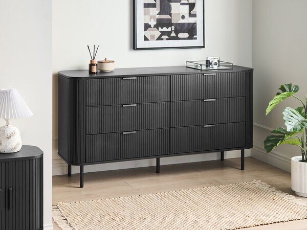 Komoda čierna MDF kov retro 6 zásuviek úložný priestor obývacia izba spálňa