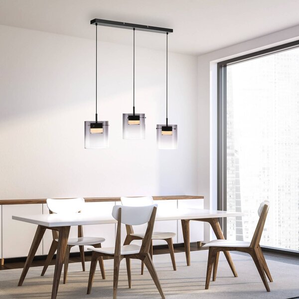 JUST LIGHT. LED závesné svietidlo Elio, dymové sklo, 3-pl, čierne, Hliník / sivá / zinok, Obývacia izba / jedáleň, Sklo, Moderný, Závesné svietidlo