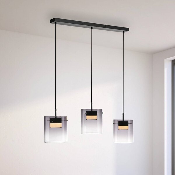JUST LIGHT. LED závesné svietidlo Elio, dymové sklo, 3-pl, čierne, Hliník / sivá / zinok, Obývacia izba / jedáleň, Sklo, Moderný, Závesné svietidlo