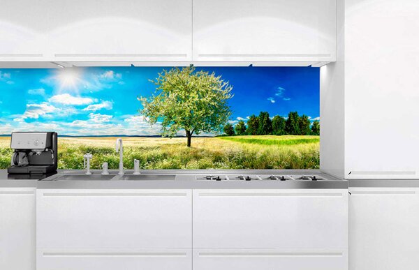 DIMEX | Fototapeta do kuchyne Strom na lúke KI-180-085 | 180 x 60 cm | zelená, modrá