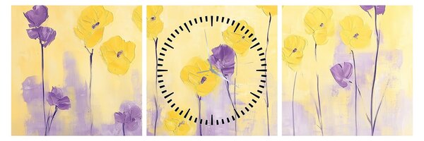 Obraz - Fialové a žlté kvietky (s hodinami) (90x30 cm)