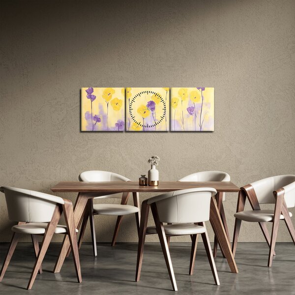 Obraz - Fialové a žlté kvietky (s hodinami) (90x30 cm)