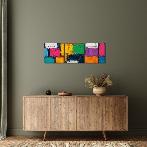 Obraz - Maľba farebných štvorcov (s hodinami) (90x30 cm)