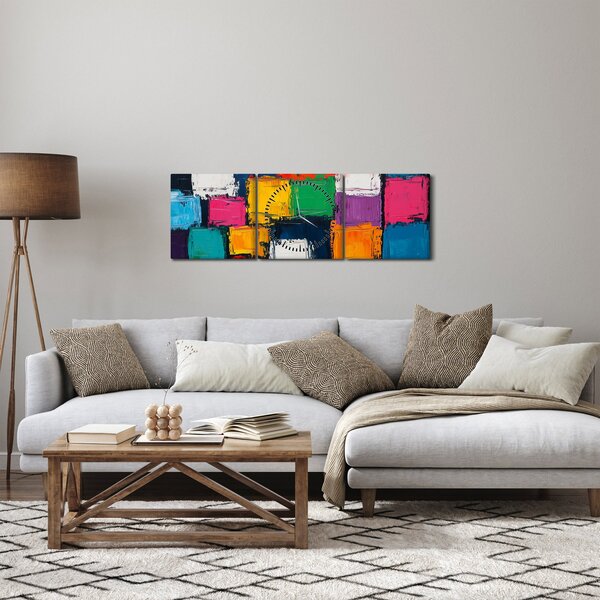 Obraz - Maľba farebných štvorcov (s hodinami) (90x30 cm)