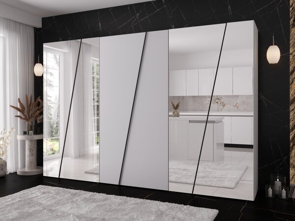 Mirjan24 Moderná skriňa so zrkadlom Grelipt 4L 300 cm, Farby: biela / biela + zlatá 5903211532375