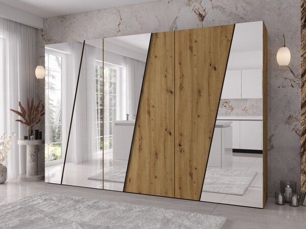 Mirjan24 Moderná skriňa so zrkadlom Grelipt 4L 300 cm, Farby: biela / biela + zlatá 5903211532375
