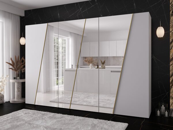 Mirjan24 Moderná skriňa so zrkadlom Grelipt 4L 300 cm, Farby: biela / biela + zlatá 5903211532375