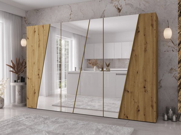 Mirjan24 Moderná skriňa so zrkadlom Grelipt 4L 300 cm, Farby: biela / biela + zlatá 5903211532375