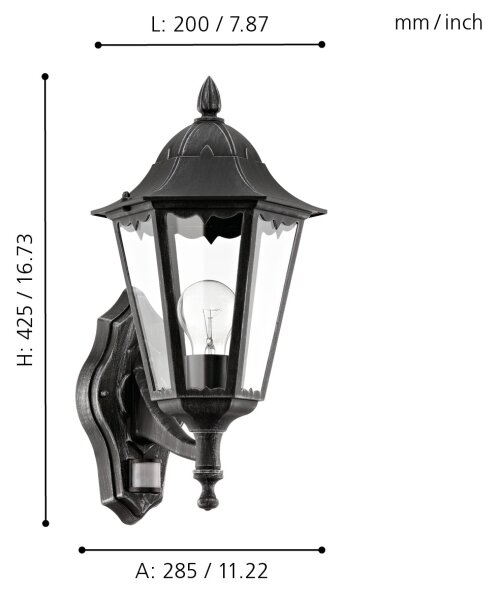 Eglo 93458 - Vonkajšie nástenné svietidlo s čidlom navedie 1xE27/60W/230V