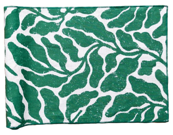 Ľanový behúň na stôl Leaves Green 47 × 180 cm