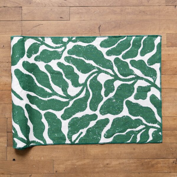 Ľanový behúň na stôl Leaves Green 47 × 180 cm