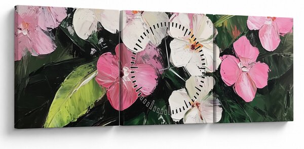 Obraz - Ružové a biele kvety (s hodinami) (90x30 cm)