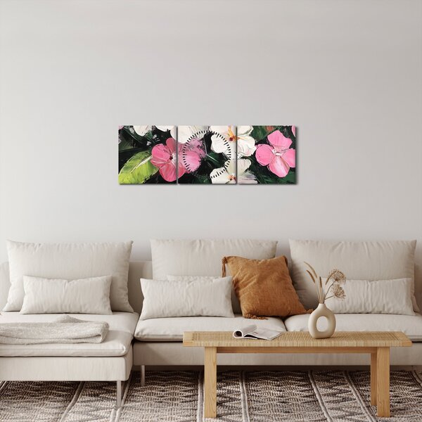Obraz - Ružové a biele kvety (s hodinami) (90x30 cm)