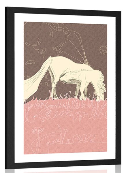 Plagát s paspartou kôň na ružovej lúke