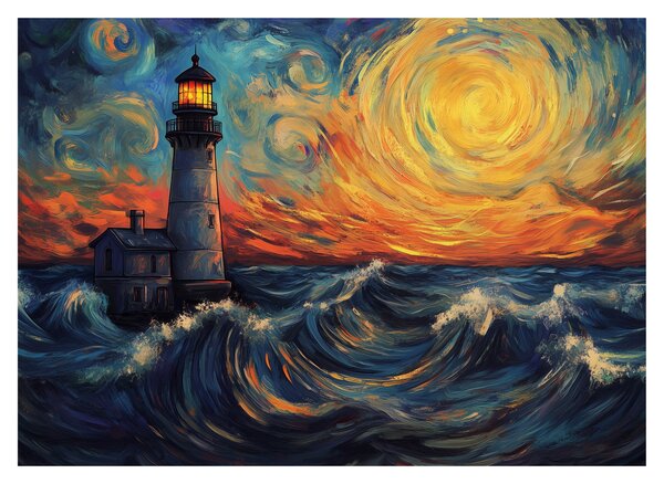 Sklenený obraz - Maják vo vlnách (70x50 cm)