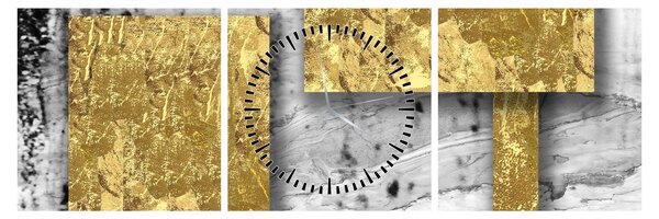 Obraz - Zlaté štvorce N⁰3 (s hodinami) (90x30 cm)