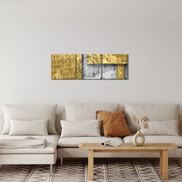 Obraz - Zlaté štvorce N⁰3 (s hodinami) (90x30 cm)