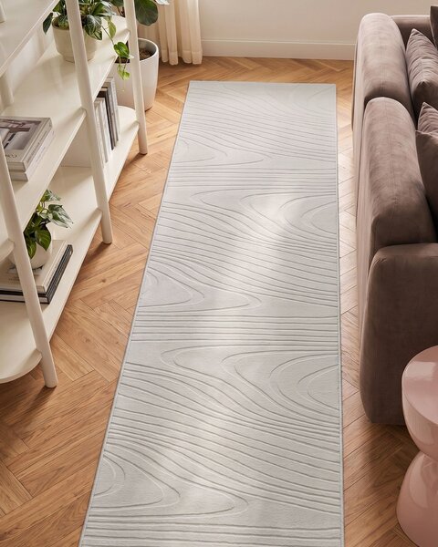 Koberec z umelej kožušiny krémová biela umelá polyesterová kožušina 80 x 300 cm behúň vysoký vlas geometrický vzor