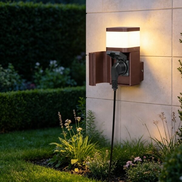 BRILAGI - Vonkajšia nástenná lampa so zásuvkou SCHUKO PILLAR 1xG9/11W/230V IP44 hnedá