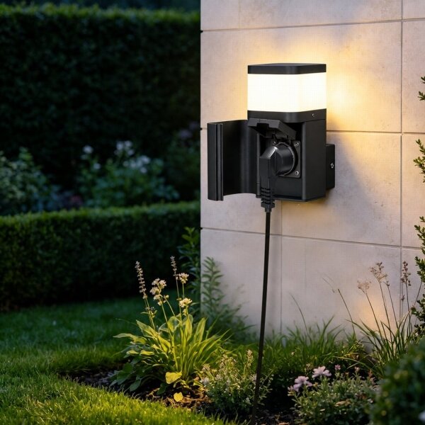 BRILAGI - Vonkajšia nástenná lampa so zásuvkou SCHUKO PILLAR 1xG9/11W/230V IP44 čierna