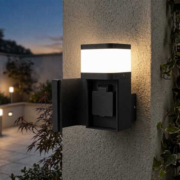 BRILAGI - Vonkajšia nástenná lampa so zásuvkou SCHUKO PILLAR 1xG9/11W/230V IP44 čierna