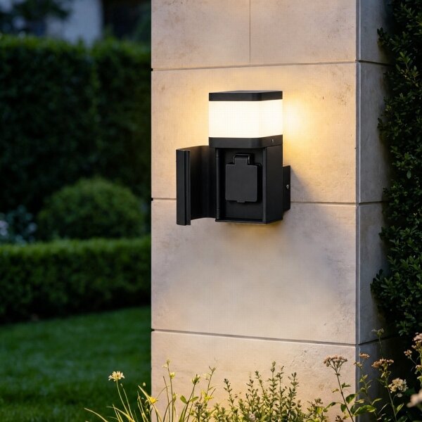 BRILAGI - Vonkajšia nástenná lampa so zásuvkou SCHUKO PILLAR 1xG9/11W/230V IP44 čierna