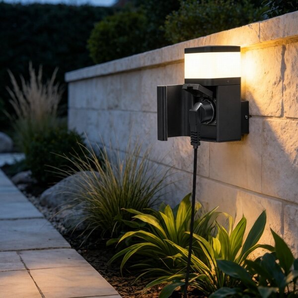 BRILAGI - Vonkajšia nástenná lampa so zásuvkou SCHUKO PILLAR 1xG9/11W/230V IP44 čierna