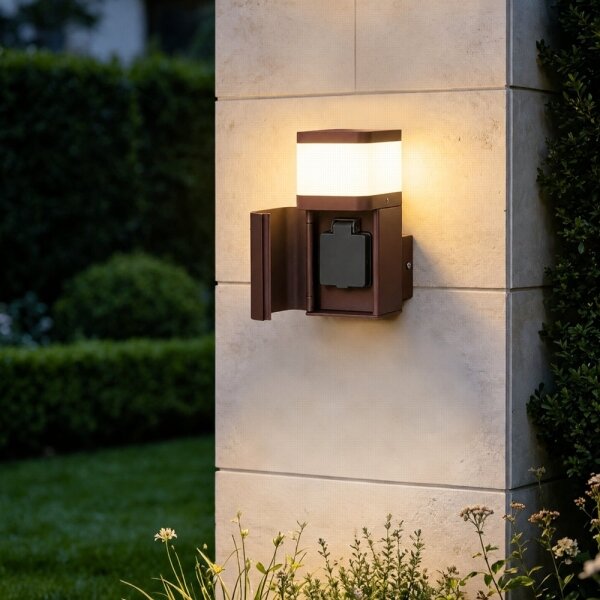BRILAGI - Vonkajšia nástenná lampa so zásuvkou SCHUKO PILLAR 1xG9/11W/230V IP44 hnedá