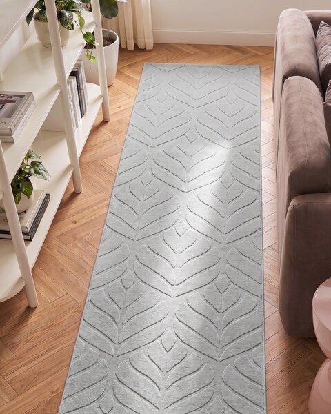 Koberec z umelej kožušiny svetlosivý umelá polyesterová kožušina 80 x 300 cm behúň vysoký vlas vzor listov