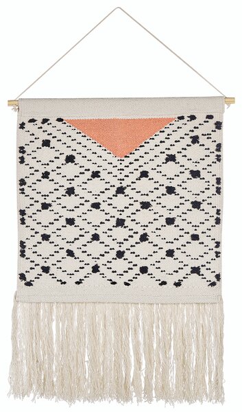 Záves na stenu oranžová a čierna bavlna 56 x 106 cm ručne tkaný so strapcami geometrický vzor nástenná dekorácia obývacia izba v štýle boho spálňa