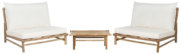 2-miestna bambusová sedacia súprava svetlé drevo a biele vankúše na sedenie so stolíkom interiérový a exteriérový dizajn