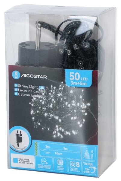 Aigostar - LED vonkajšia vianočná reťaz 50xLED/8 funkcií 8m IP44 studená biela