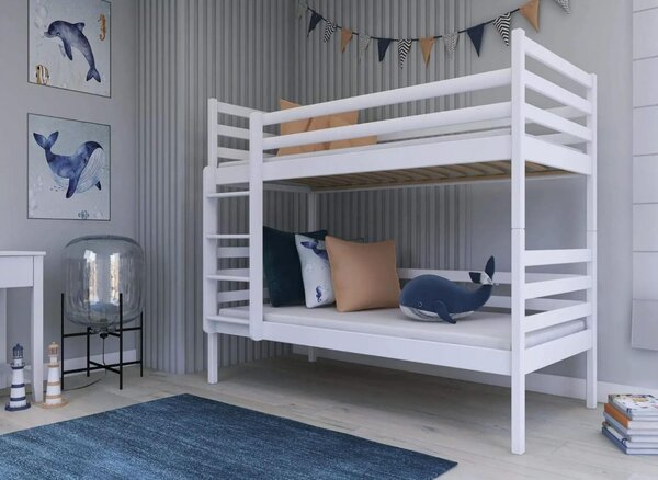 MAXMAX Detská poschodová posteľ z masívu borovice NINA so zásuvkami 200x90 cm - biela