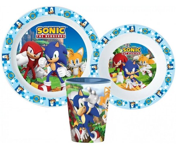 Sada plastového riadu / jedálenská súprava Ježko Sonic s kelímkom - 3 diely