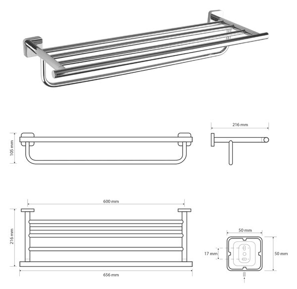 Sapho Sapho, INSIA polička na uteráky s hrazdou 600 mm, chróm, IS028