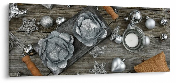 Obraz - strieborné vianočné dekorácie (120x50 cm)