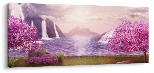 Obraz ružových stromov s jazerom (120x50 cm)