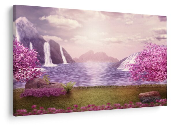 Obraz ružových stromov s jazerom (90x60 cm)