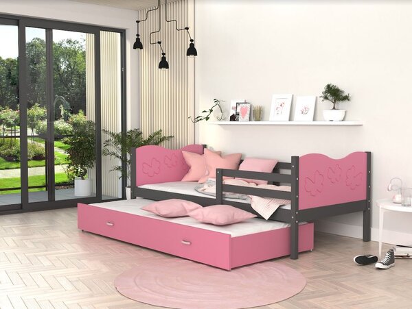 Detská posteľ s prístelkou MAX W - 200x90 cm - ružovo-šedá - motýle