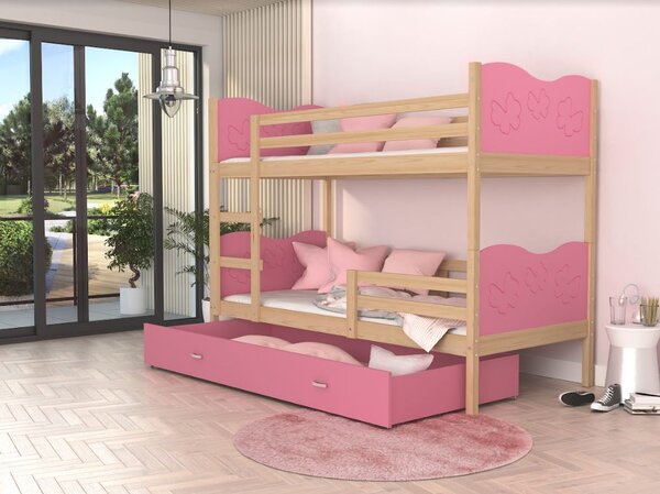 Detská poschodová posteľ so zásuvkou MAX R - 200x90 cm - ružová / borovica - motýle