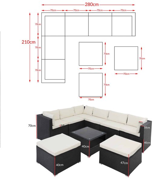 Záhradný ratanový set XXL - čierna/krémové podušky
