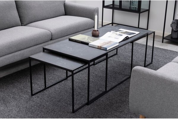 Matne čierne konferenčné stolíky v súprave 3 ks s doskou v dekore mramoru 60x120 cm Infinity – Actona