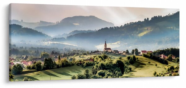 Obraz - dedinka v hmle (120x50 cm)