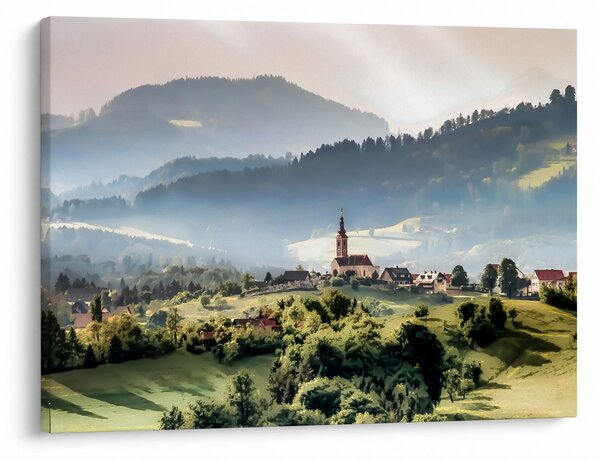Obraz - dedinka v hmle (70x50 cm)
