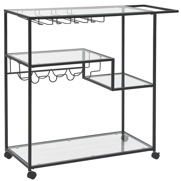 Kuchynský vozík čierny kovový rám doska z tvrdeného skla 86 x 40 cm na kolieskach držiak na fľaše industriálny dizajn