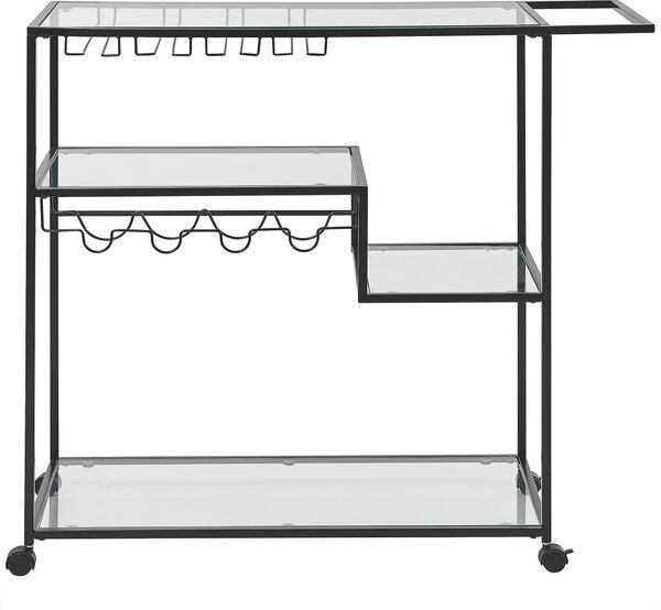 Kuchynský vozík čierny kovový rám doska z tvrdeného skla 86 x 40 cm na kolieskach držiak na fľaše industriálny dizajn