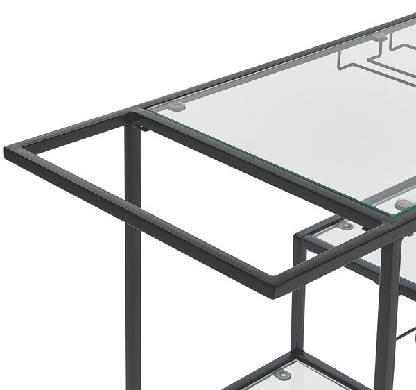 Kuchynský vozík čierny kovový rám doska z tvrdeného skla 86 x 40 cm na kolieskach držiak na fľaše industriálny dizajn