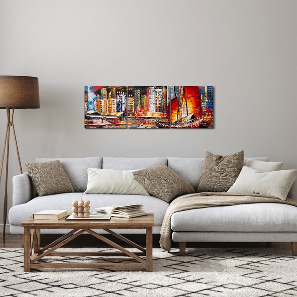Obrázok - Victoria Harbor, Hong Kong, olejomaľba (s hodinami) (90x30 cm)