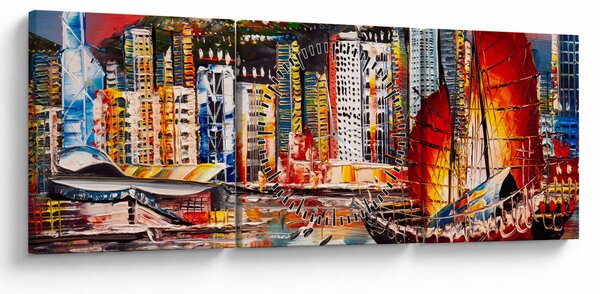 Obrázok - Victoria Harbor, Hong Kong, olejomaľba (s hodinami) (90x30 cm)
