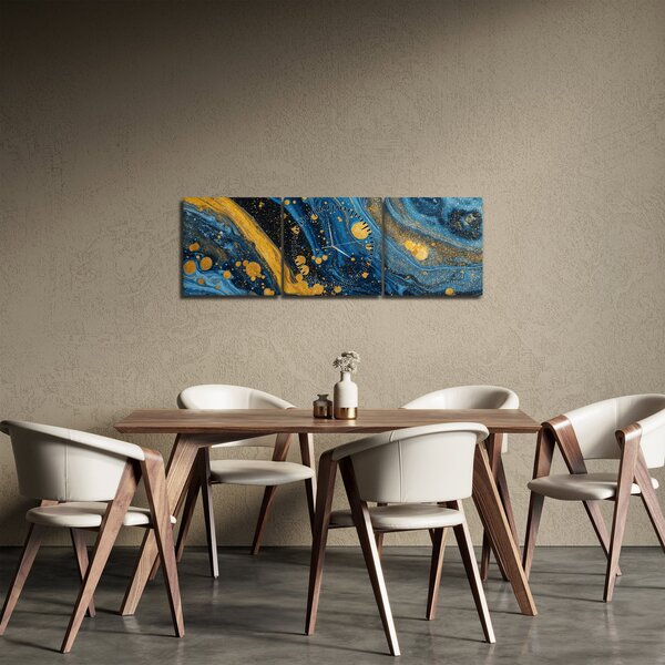 Obraz - Modrá abstrakcia so zlatom (s hodinami) (90x30 cm)